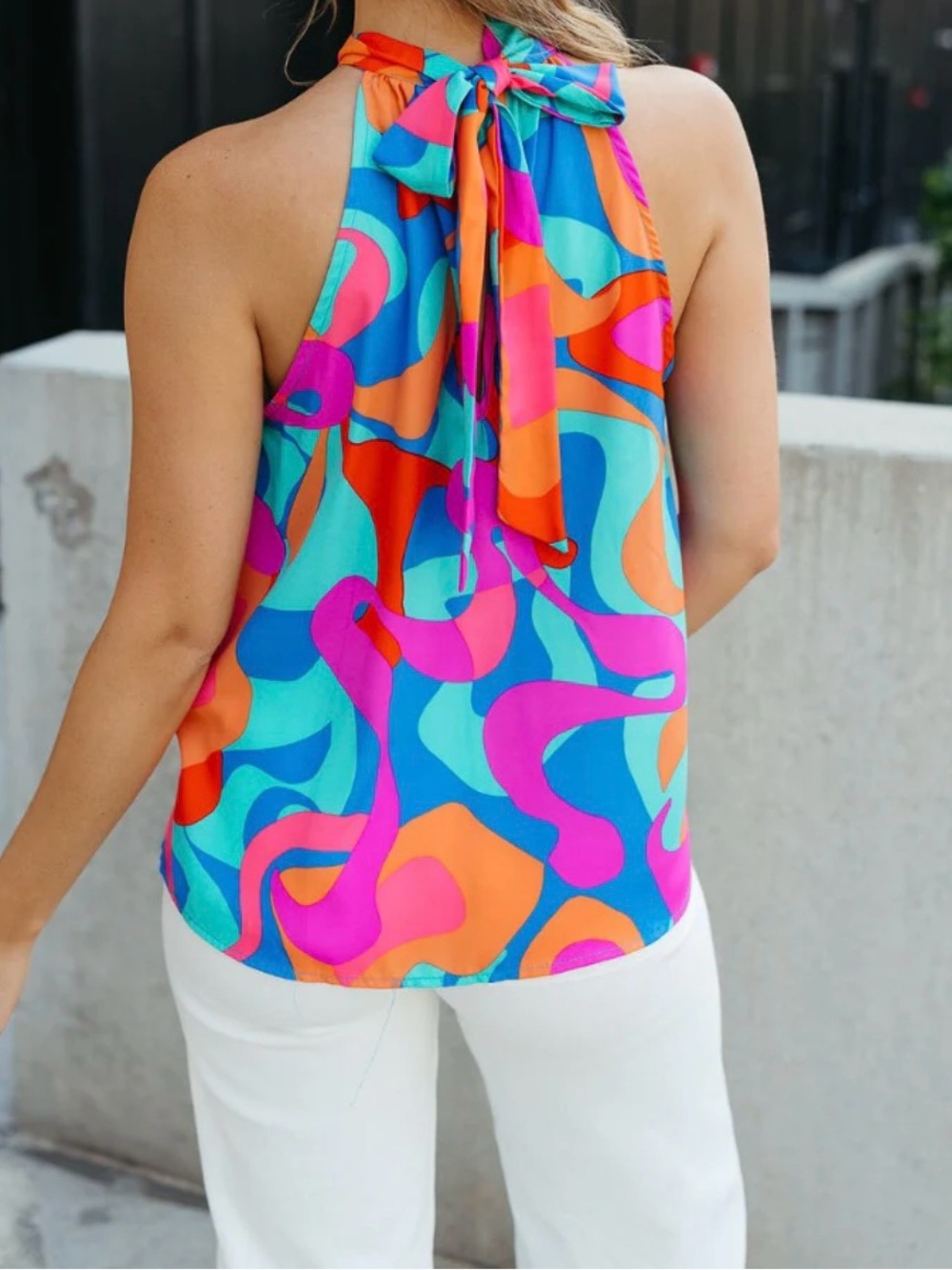 NEW Abstract Wave Halter Tank Top in Blue, Pink & Orange - Picture 12 of 13